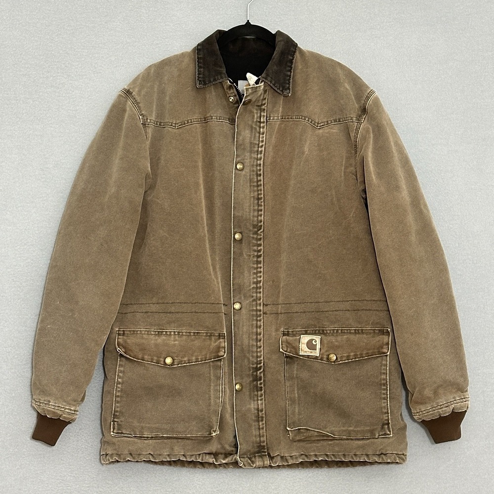 VTG Carhartt Men Jacket Tall Medium Brown Duck Canvas Chore Coat Quilt Lined USA